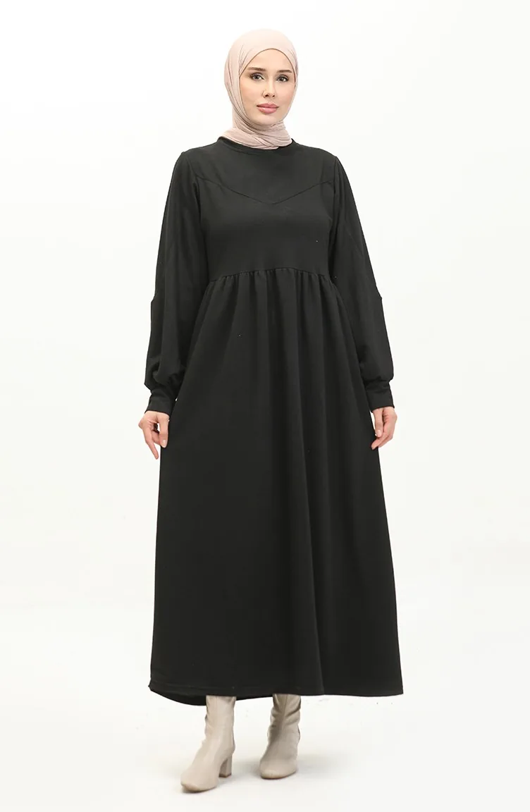 Robe Droite à Taille Froncée 0281-04 Noir 0281-04