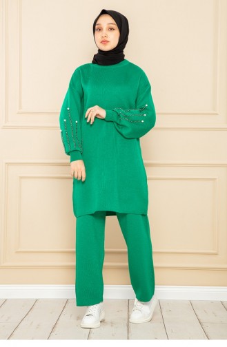 Costume En Maille À Manches Perlées Vert 12459KLC.YSL