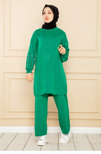 Costume En Maille À Manches Perlées Vert 12459KLC.YSL