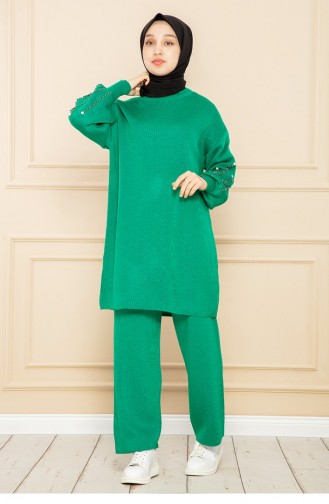 Costume En Maille À Manches Perlées Vert 12459KLC.YSL