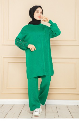 Costume En Maille À Manches Perlées Vert 12459KLC.YSL