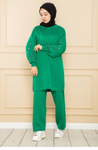 Costume En Maille À Manches Perlées Vert 12459KLC.YSL