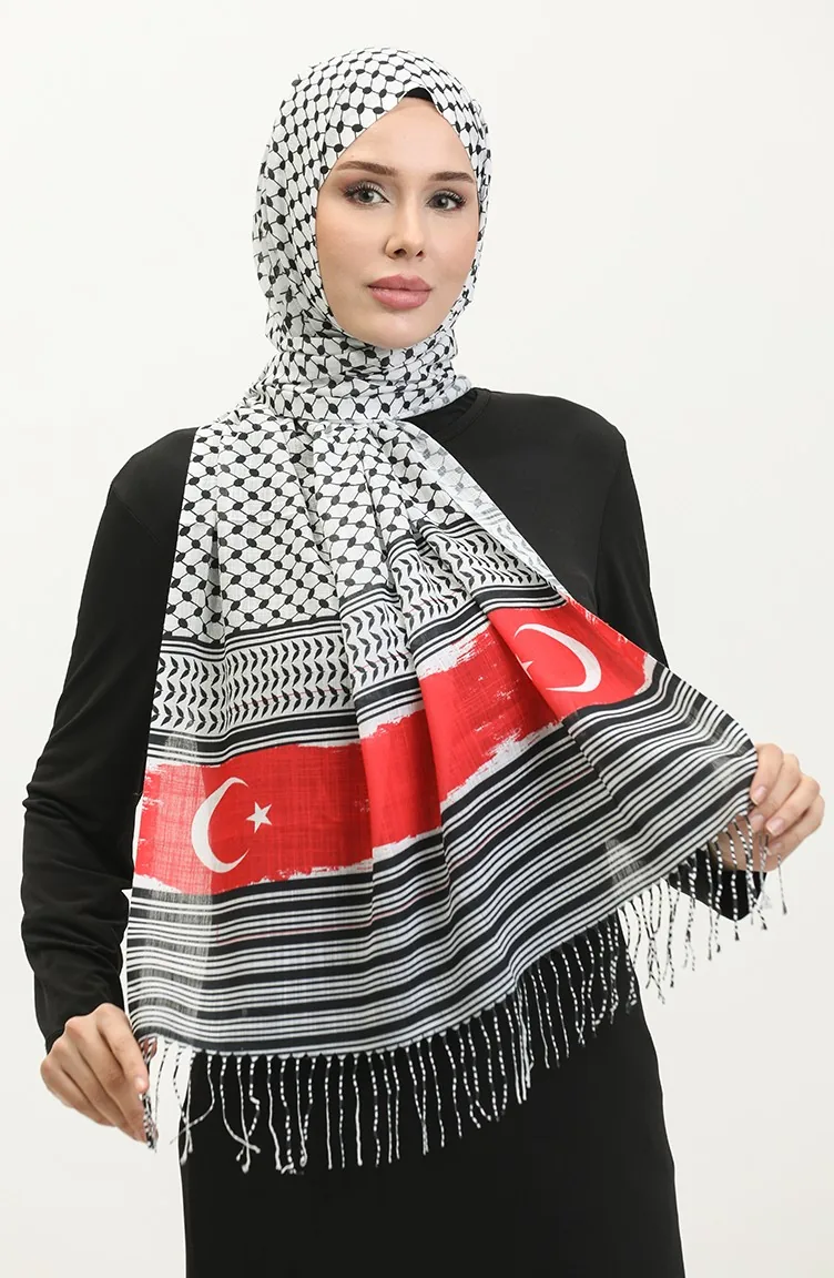 Kefiye Patterned Palestinian And Turkish Flag Pashmina Shawl 90164-01 Colorful 90164-01