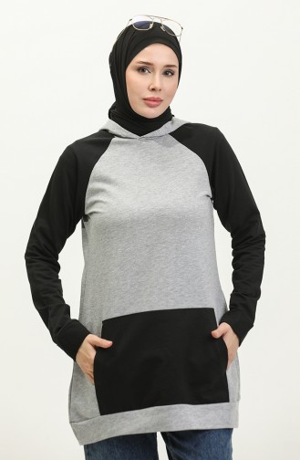 Kapüşonlu Sweatshirt 23071-01 Gri Siyah