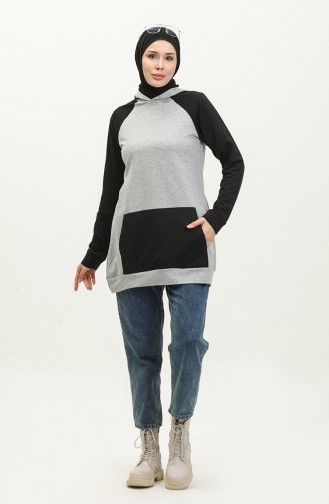 Kapüşonlu Sweatshirt 23071-01 Gri Siyah