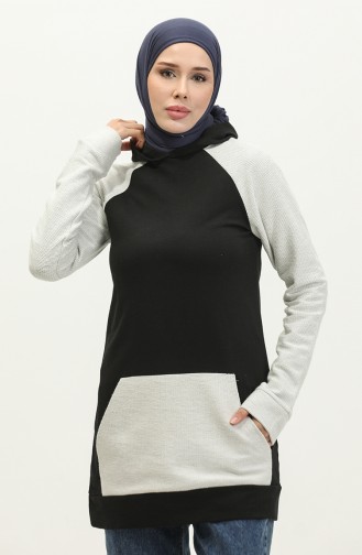 Kapüşonlu Sweatshirt 23071-06 Siyah Ekru