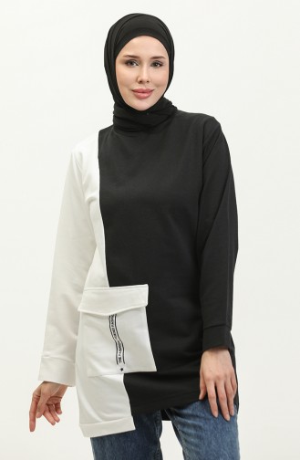 Sıfır Yaka Sweatshirt 23088-01 Siyah Ekru