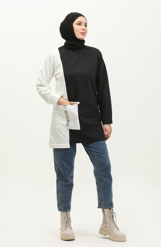 Sıfır Yaka Sweatshirt 23088-01 Siyah Ekru