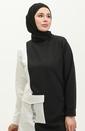 Sıfır Yaka Sweatshirt 23088-01 Siyah Ekru