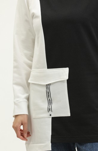 Sıfır Yaka Sweatshirt 23088-01 Siyah Ekru