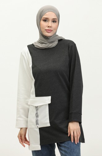 Sıfır Yaka Sweatshirt 23088-02 Antrasit Ekru