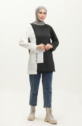 Sıfır Yaka Sweatshirt 23088-02 Antrasit Ekru