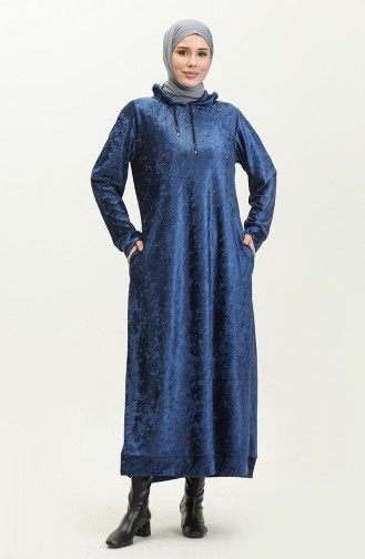 Kapüşonlu Kadife Elbise 0285-K-02 Saks
