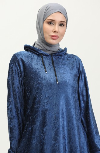 Kapüşonlu Kadife Elbise 0285-K-02 Saks
