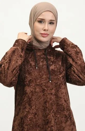 Kapüşonlu Kadife Elbise 0285-K-03 Kahverengi