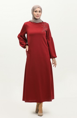Robe Hijab Lapidée à Manches Ballon Brc1001 11001-02 Rouge Claret 11001-02