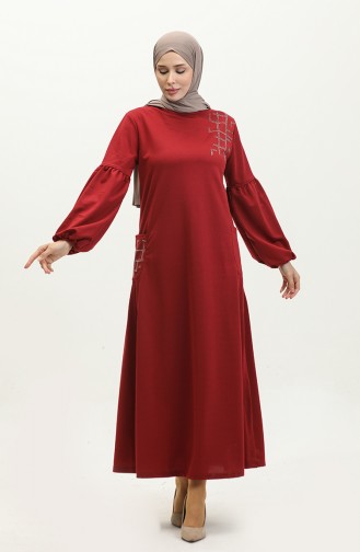 Robe Hijab Lapidée à Manches Ballon Brc1001 11001-02 Rouge Claret 11001-02