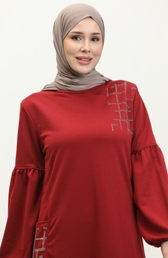 Robe Hijab Lapidée à Manches Ballon Brc1001 11001-02 Rouge Claret 11001-02