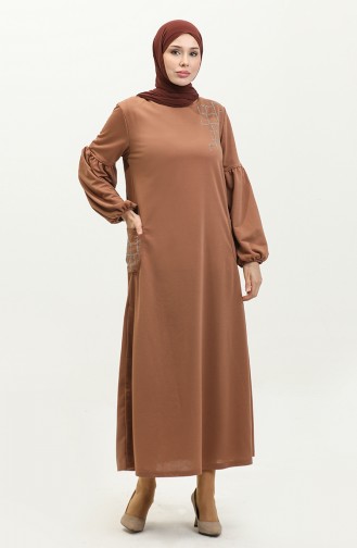 Balloon Sleeve Stoned Hijab Dress Brc1001 11001-03 Brown 11001-03