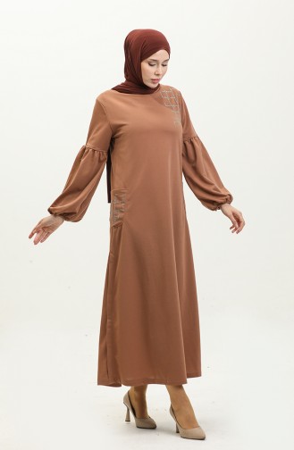 Balloon Sleeve Stoned Hijab Dress Brc1001 11001-03 Brown 11001-03