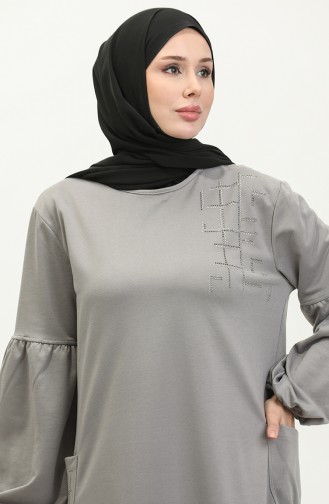 Robe Hijab Lapidée à Manches Ballon Brc1001 11001-04 Gris 11001-04