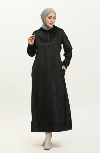 فستان مخمل بتصميم موصول بقبعة 0285-01 لون أسود 0285-01