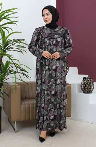 Plus Size Patterned Combed Cotton Dress 4470-01 Purple 4470-01