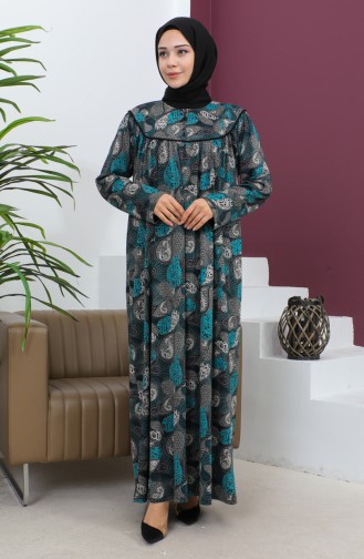 Plus Size Patterned Combed Cotton Dress 4470-02 Petrol 4470-02