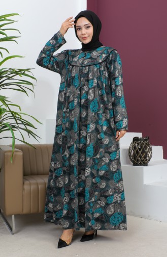 Plus Size Patterned Combed Cotton Dress 4470-02 Petrol 4470-02