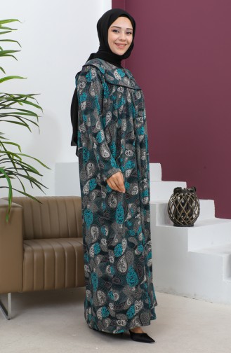 فستان قطن ممشط منقوش مقاس كبير 4470-02 بترولي 4470-02