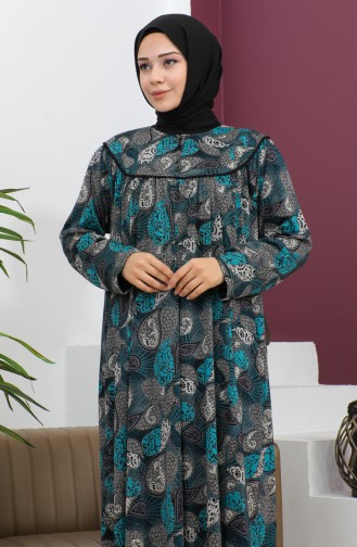 Plus Size Patterned Combed Cotton Dress 4470-02 Petrol 4470-02