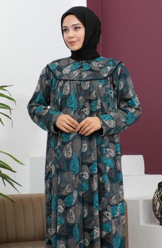 فستان قطن ممشط منقوش مقاس كبير 4470-02 بترولي 4470-02