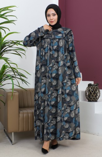 Plus Size Patterned Combed Cotton Dress 4470-03 İndigo 4470-03