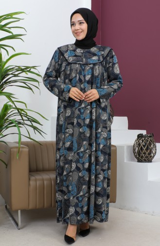 Plus Size Patterned Combed Cotton Dress 4470-03 İndigo 4470-03