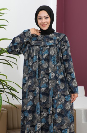 Plus Size Patterned Combed Cotton Dress 4470-03 İndigo 4470-03