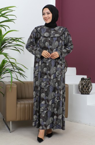 Büyük Beden Desenli Penye Elbise 4470-04 Kahverengi