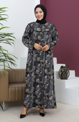 Büyük Beden Desenli Penye Elbise 4470-04 Kahverengi