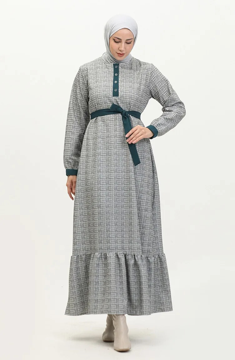 Robe A Carreaux Ourlet Fronce 0288-D-02 Gris Pétrole 0288-D-02