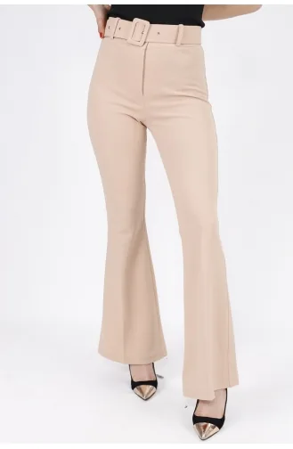 Scuba Krep İspanyol Paça Kemerli Kumaş Pantolon 2001-01 Taş