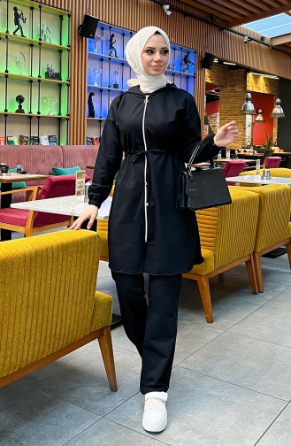 Two Thread Shirred Waist Tracksuit Set 03070-01 Black 03070-01