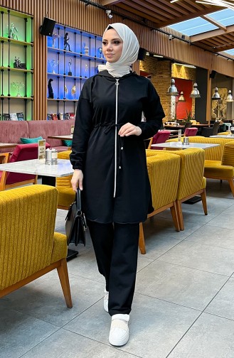 Two Thread Shirred Waist Tracksuit Set 03070-01 Black 03070-01