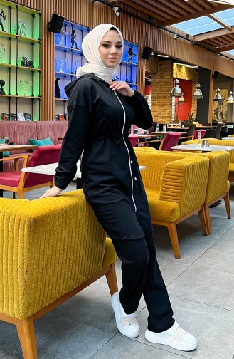 Two Thread Shirred Waist Tracksuit Set 03070-01 Black 03070-01