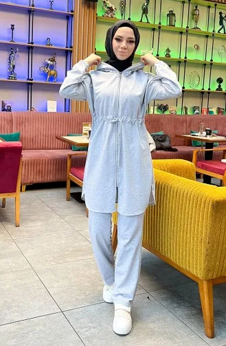 Two Thread Shirred Waist Tracksuit Set 03070-02 Gray 03070-02