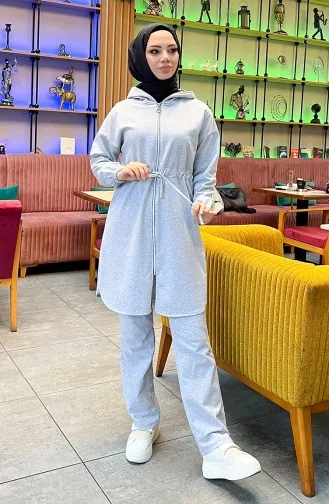 Two Thread Shirred Waist Tracksuit Set 03070-02 Gray 03070-02