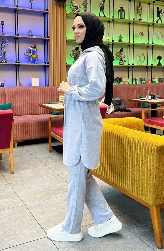 Two Thread Shirred Waist Tracksuit Set 03070-02 Gray 03070-02