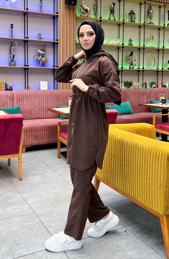 Two Thread Shirred Waist Tracksuit Set 03070-03 Brown 03070-03