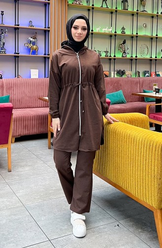 Two Thread Shirred Waist Tracksuit Set 03070-03 Brown 03070-03