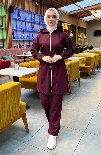 Two Thread Shirred Waist Tracksuit Set 03070-04 Plum 03070-04