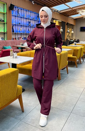 Two Thread Shirred Waist Tracksuit Set 03070-04 Plum 03070-04