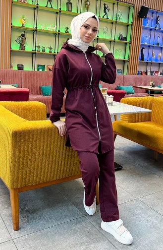 Two Thread Shirred Waist Tracksuit Set 03070-04 Plum 03070-04